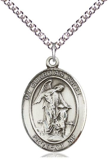 Sterling Silver Guardian Angel w/Child Pendant on a 24 inch Sterling Silver Heavy Curb chain