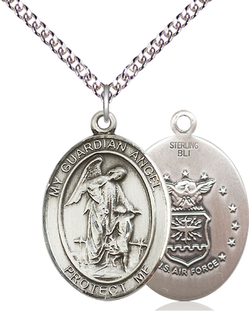Sterling Silver Guardian Angel Air Force Pendant on a 24 inch Sterling Silver Heavy Curb chain