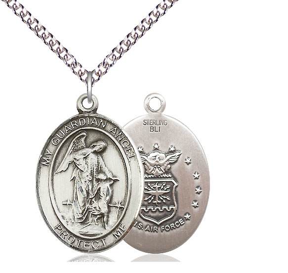 Sterling Silver Guardian Angel Air Force Pendant on a 24 inch Sterling Silver Heavy Curb chain