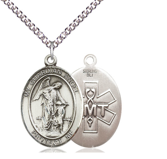 Sterling Silver Guardian Angel EMT Pendant on a 24 inch Sterling Silver Heavy Curb chain