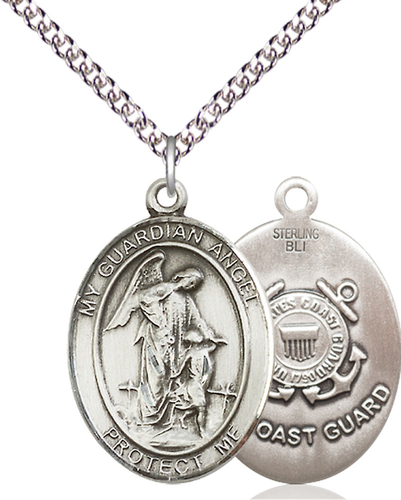 Sterling Silver Guardian Angel Coast Guard Pendant on a 24 inch Sterling Silver Heavy Curb chain