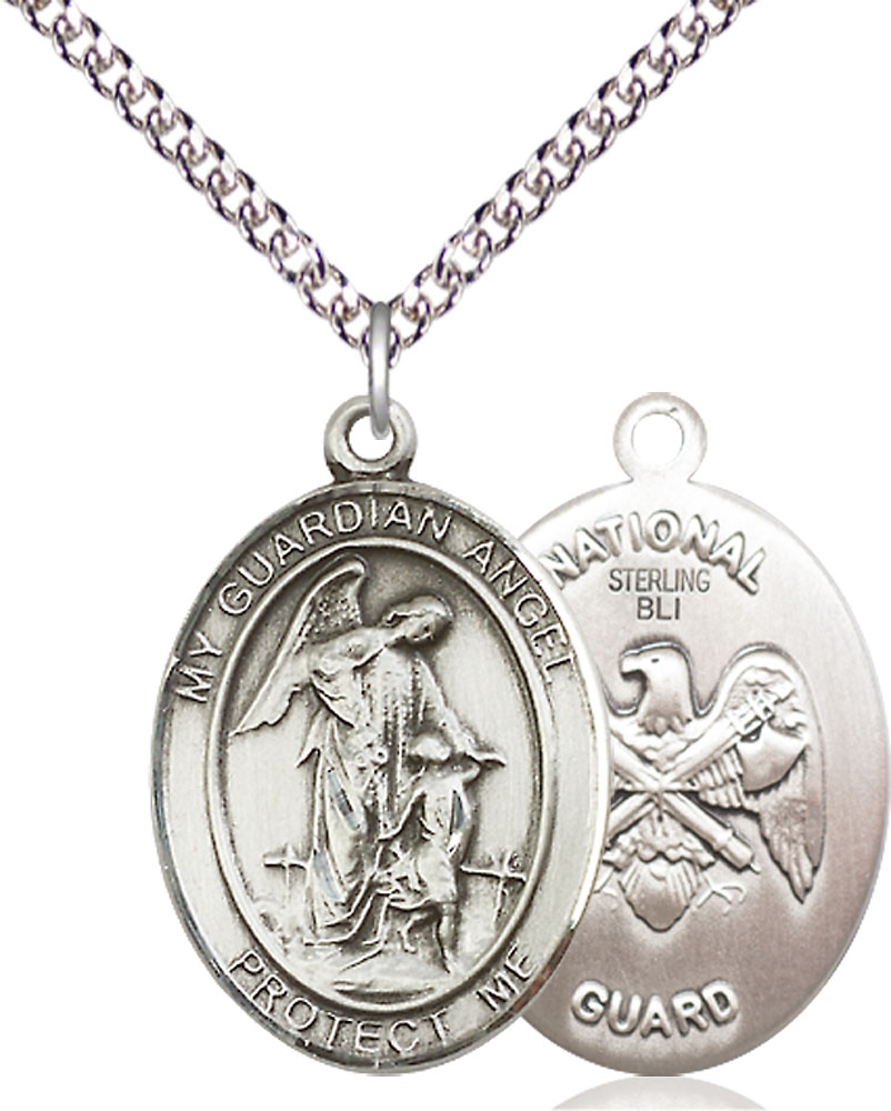 Sterling Silver Guardian Angel National Guard Pendant on a 24 inch Sterling Silver Heavy Curb chain