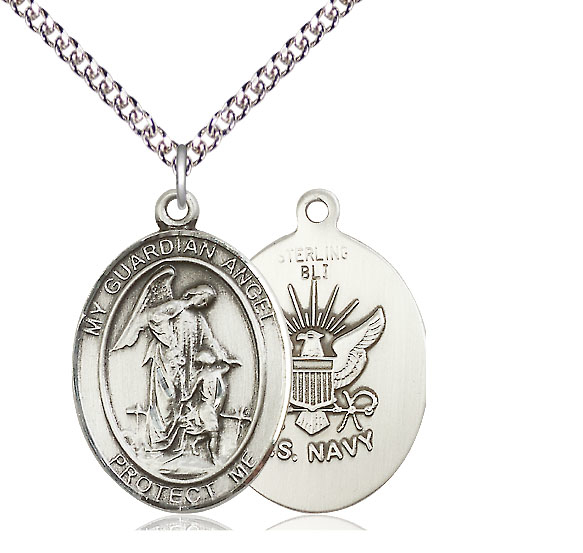 Sterling Silver Guardian Angel Navy Pendant on a 24 inch Sterling Silver Heavy Curb chain