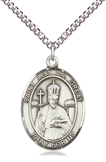 Sterling Silver Saint Leo the Great Pendant on a 24 inch Sterling Silver Heavy Curb chain