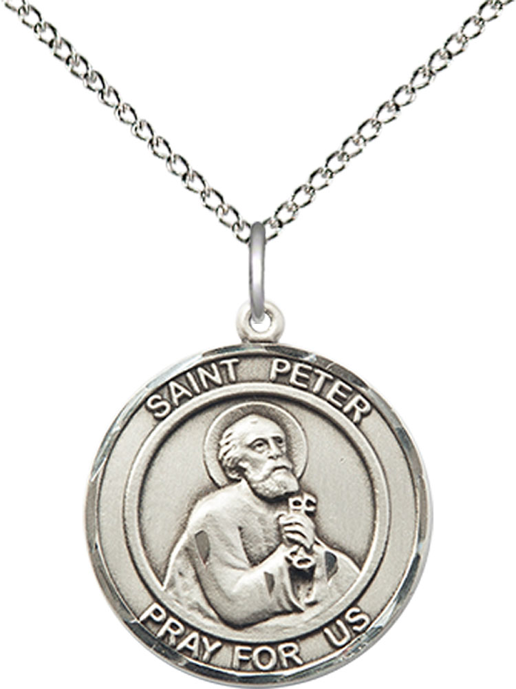 Sterling Silver Saint Peter the Apostle Pendant on a 18 inch Sterling Silver Light Curb chain