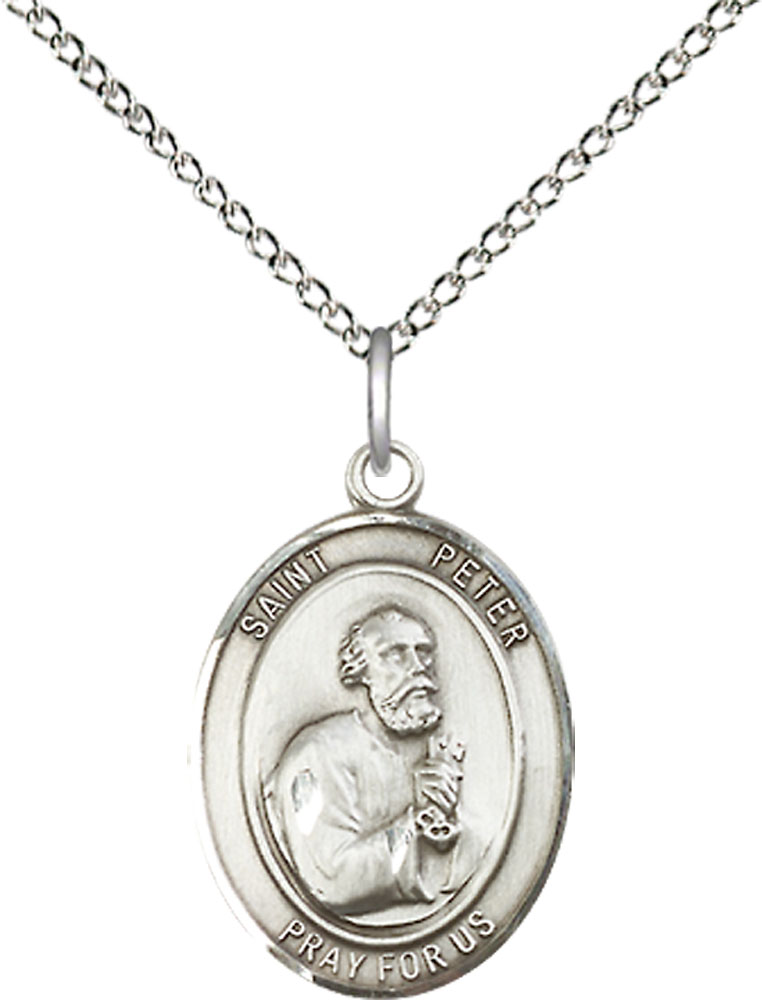 Sterling Silver Saint Peter the Apostle Pendant on a 18 inch Sterling Silver Light Curb chain