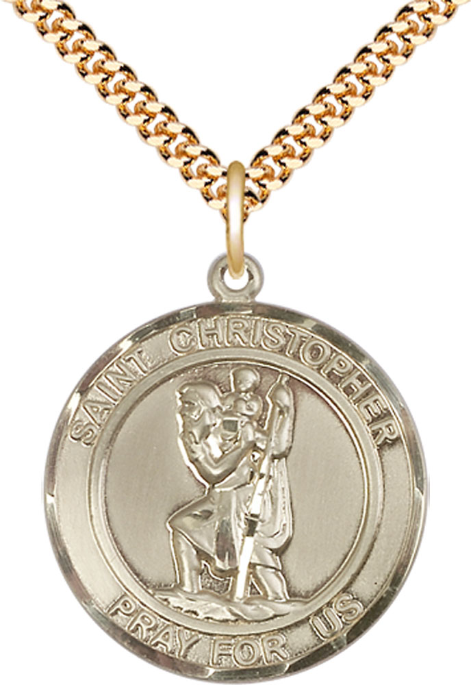14kt Gold Filled Saint Christopher Pendant on a 24 inch Gold Plate Heavy Curb chain