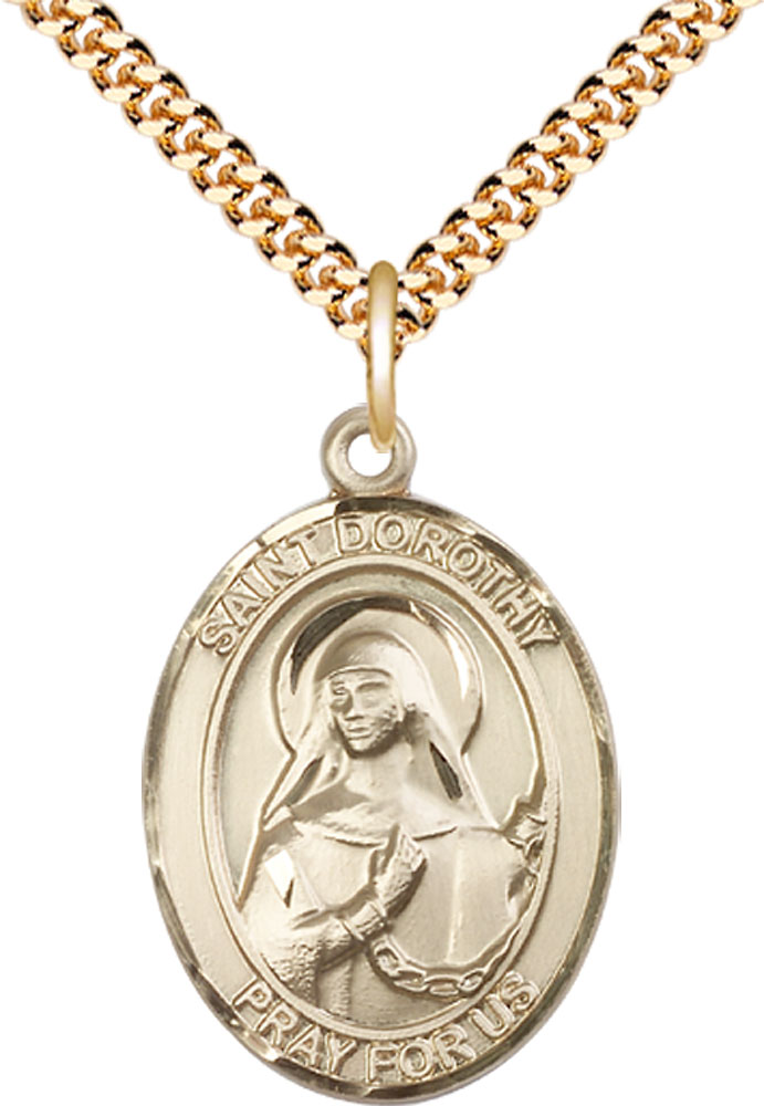 14kt Gold Filled Saint Dorothy Pendant on a 24 inch Gold Plate Heavy Curb chain