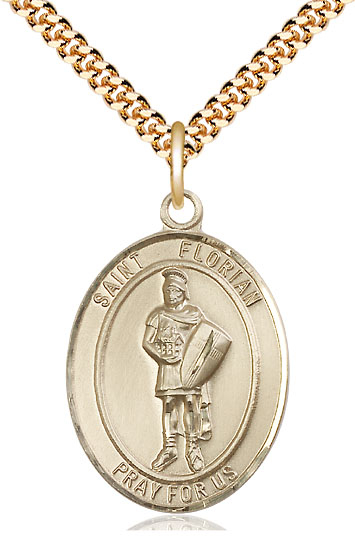 14kt Gold Filled Saint Florian Pendant on a 24 inch Gold Plate Heavy Curb chain
