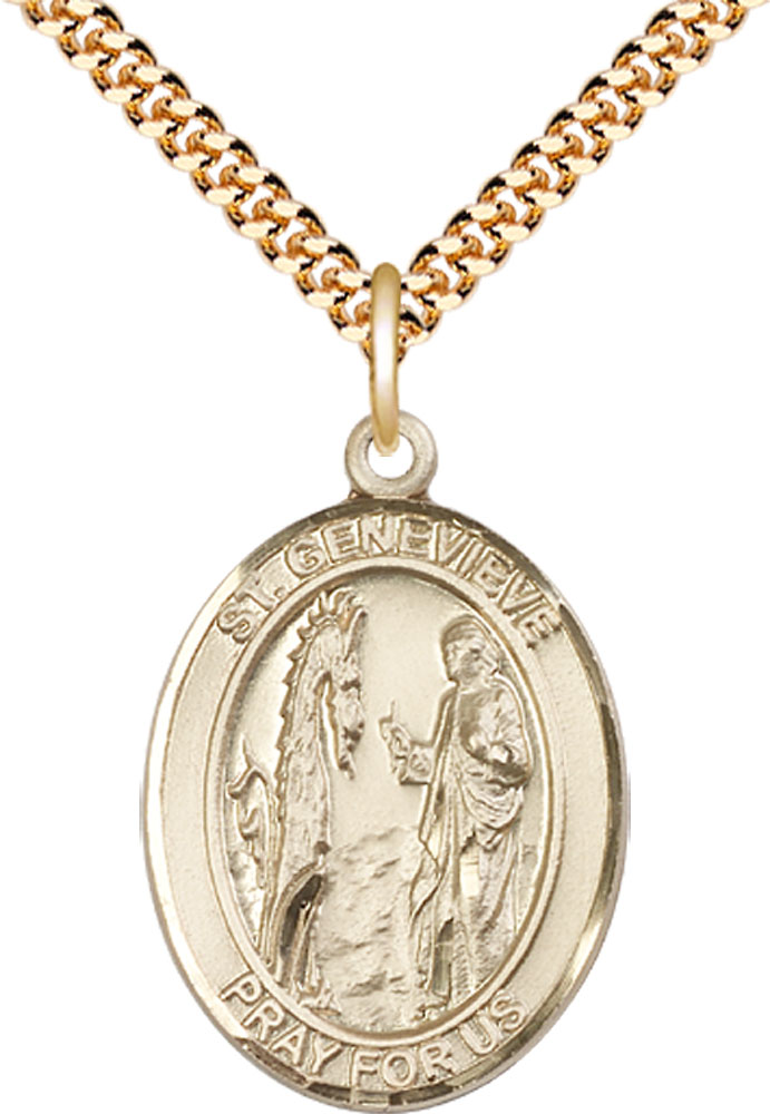 14kt Gold Filled Saint Genevieve Pendant on a 24 inch Gold Plate Heavy Curb chain