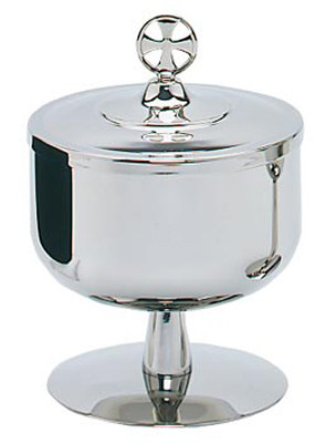 Ciborium.  All stainless steel, outside highly polished.  6-1/8?H., 4-1/2? dia. cup, 400 host cap.  Inside of cup polished bright for an additional price.