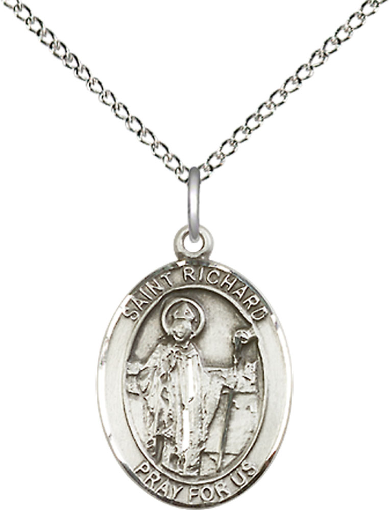 Sterling Silver Saint Richard Pendant on a 18 inch Sterling Silver Light Curb chain