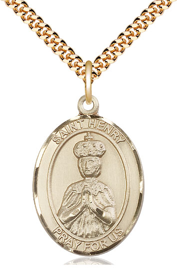 14kt Gold Filled Saint Henry II Pendant on a 24 inch Gold Plate Heavy Curb chain