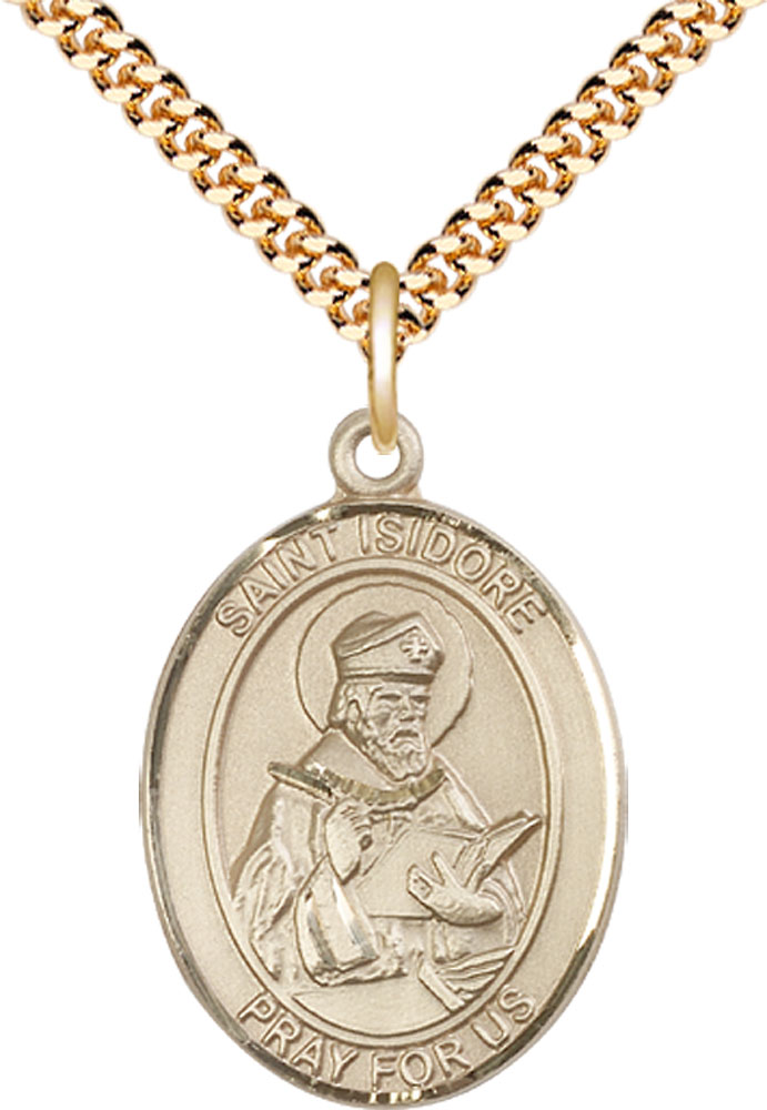 14kt Gold Filled Saint Isidore of Seville Pendant on a 24 inch Gold Plate Heavy Curb chain