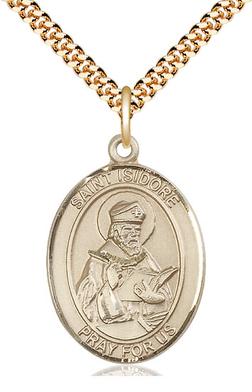 14kt Gold Filled Saint Isidore of Seville Pendant on a 24 inch Gold Plate Heavy Curb chain