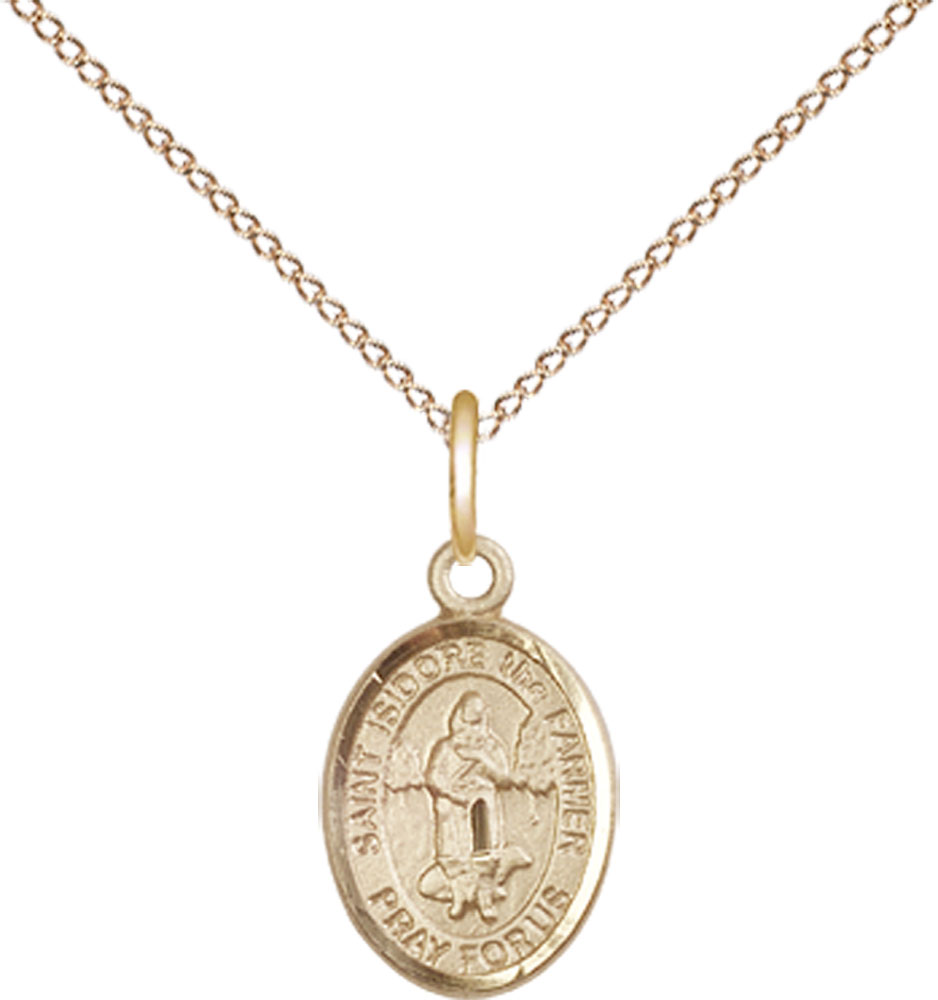 14kt Gold Filled Saint Isidore the Farmer Pendant on a 18 inch Gold Filled Light Curb chain
