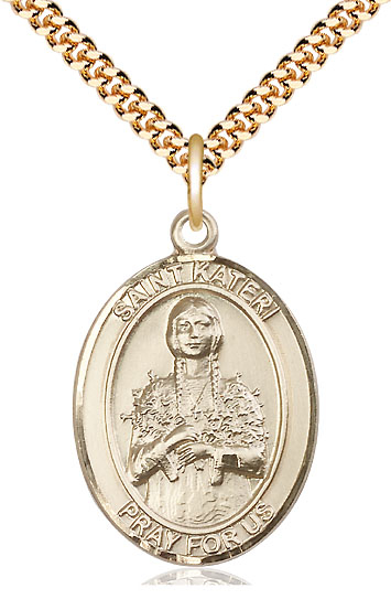 14kt Gold Filled Saint Kateri Tekakwitha Pendant on a 24 inch Gold Plate Heavy Curb chain