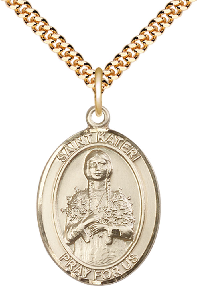 14kt Gold Filled Saint Kateri Tekakwitha Pendant on a 24 inch Gold Plate Heavy Curb chain