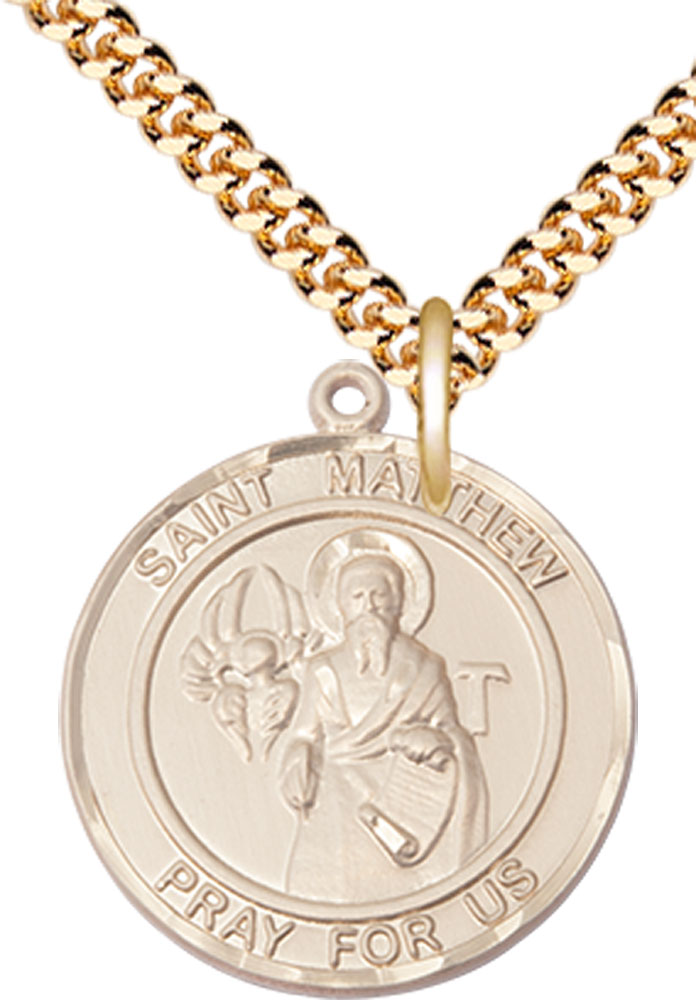 14kt Gold Filled Saint Matthew the Apostle Pendant on a 24 inch Gold Plate Heavy Curb chain