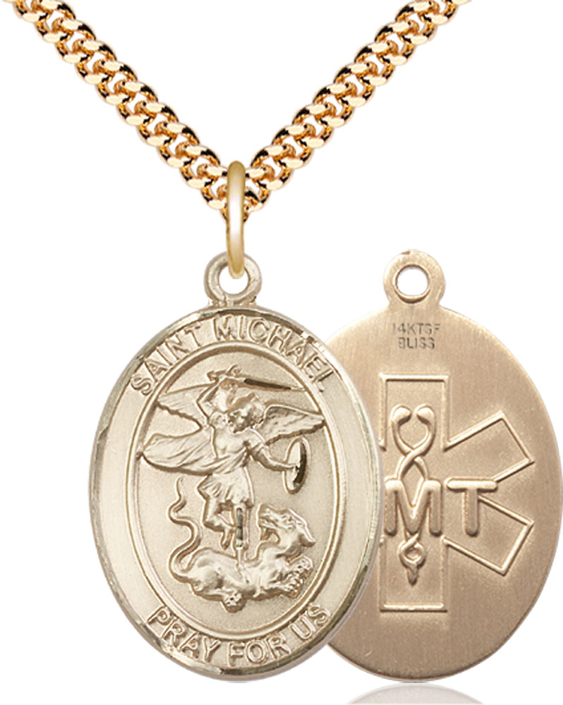14kt Gold Filled Saint Michael EMT Pendant on a 24 inch Gold Plate Heavy Curb chain