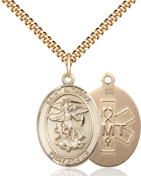 14kt Gold Filled Saint Michael EMT Pendant on a 24 inch Gold Plate Heavy Curb chain