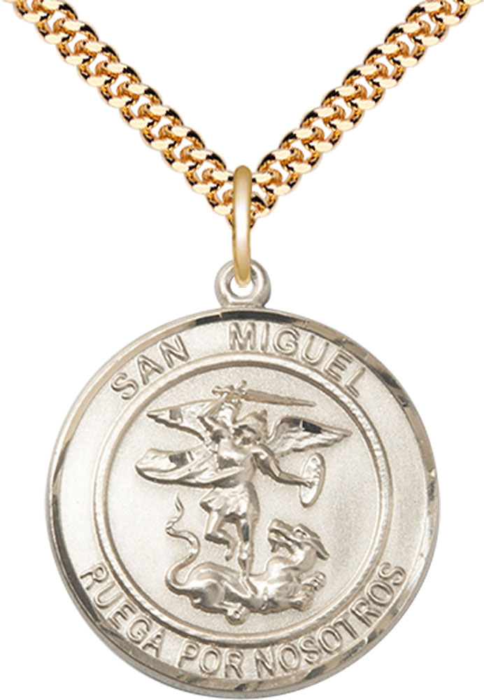 14kt Gold Filled San Miguel Arcangel Pendant on a 24 inch Gold Plate Heavy Curb chain