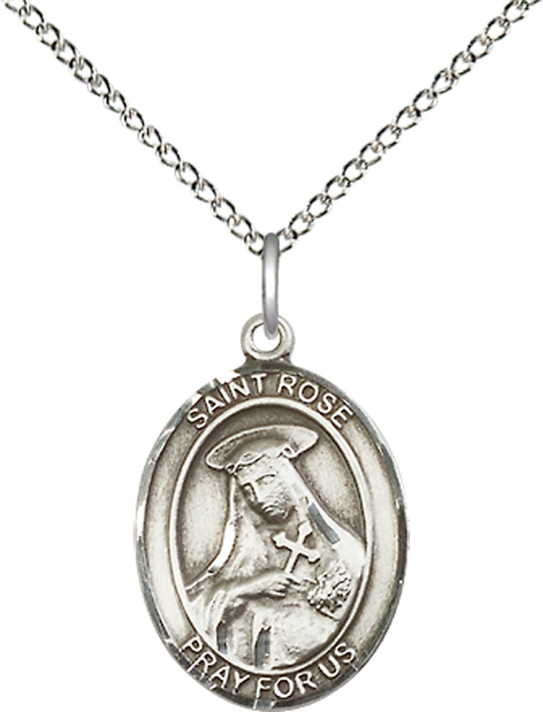 Sterling Silver Saint Rose of Lima Pendant on a 18 inch Sterling Silver Light Curb chain