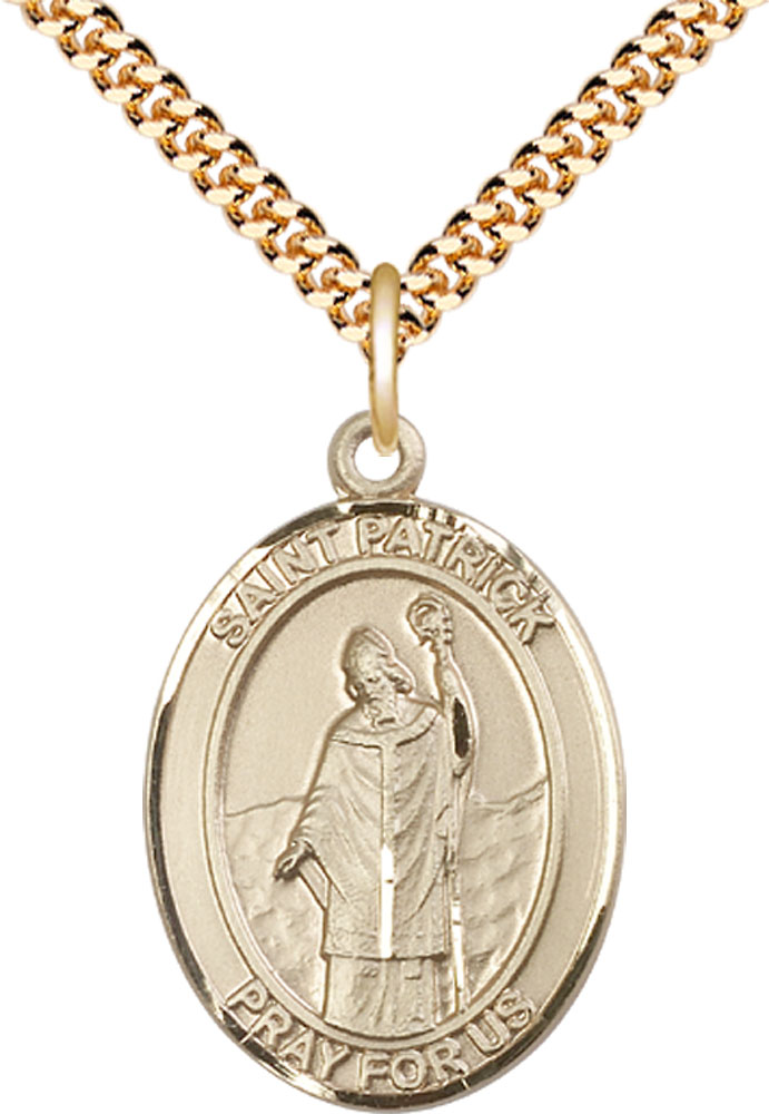 14kt Gold Filled Saint Patrick Pendant on a 24 inch Gold Plate Heavy Curb chain