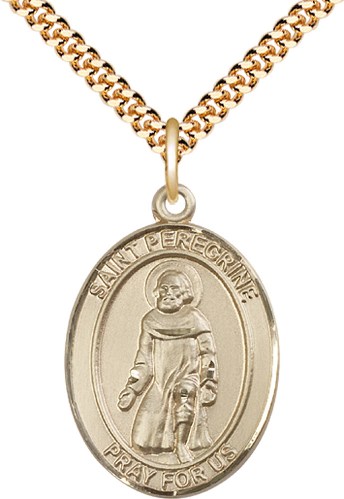 14kt Gold Filled Saint Peregrine Laziosi Pendant on a 24 inch Gold Plate Heavy Curb chain