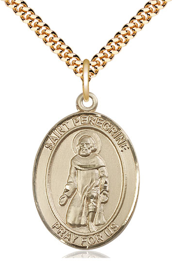 14kt Gold Filled Saint Peregrine Laziosi Pendant on a 24 inch Gold Plate Heavy Curb chain