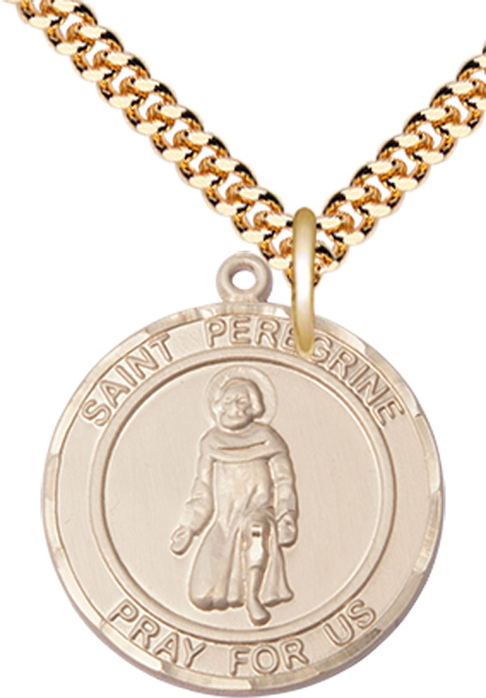 14kt Gold Filled Saint Peregrine Pendant on a 24 inch Gold Plate Heavy Curb chain