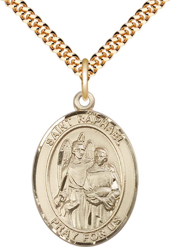 14kt Gold Filled Saint Raphael the Archangel Pendant on a 24 inch Gold Plate Heavy Curb chain