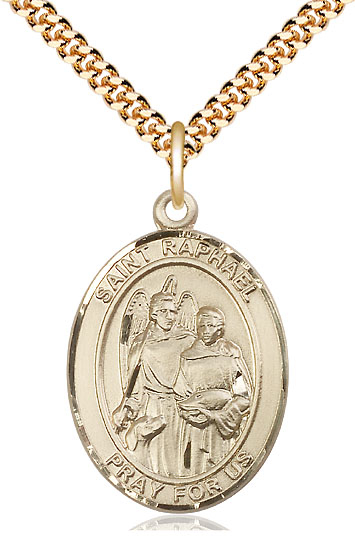 14kt Gold Filled Saint Raphael the Archangel Pendant on a 24 inch Gold Plate Heavy Curb chain