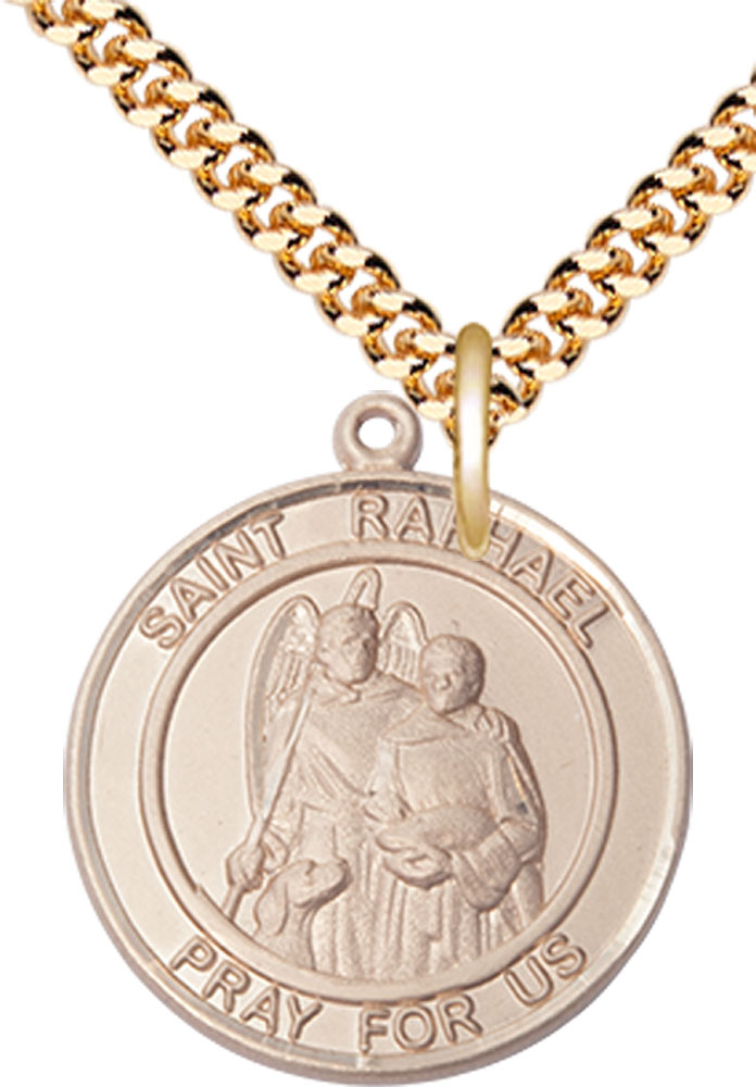 14kt Gold Filled Saint Raphael the Archangel Pendant on a 24 inch Gold Plate Heavy Curb chain