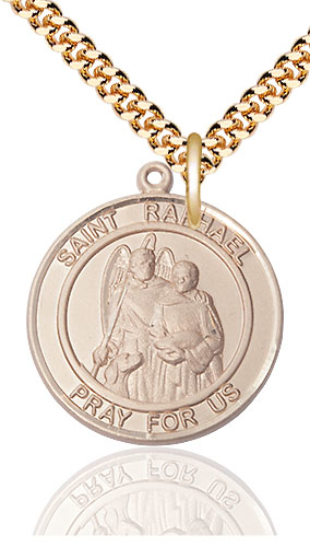 14kt Gold Filled Saint Raphael the Archangel Pendant on a 24 inch Gold Plate Heavy Curb chain