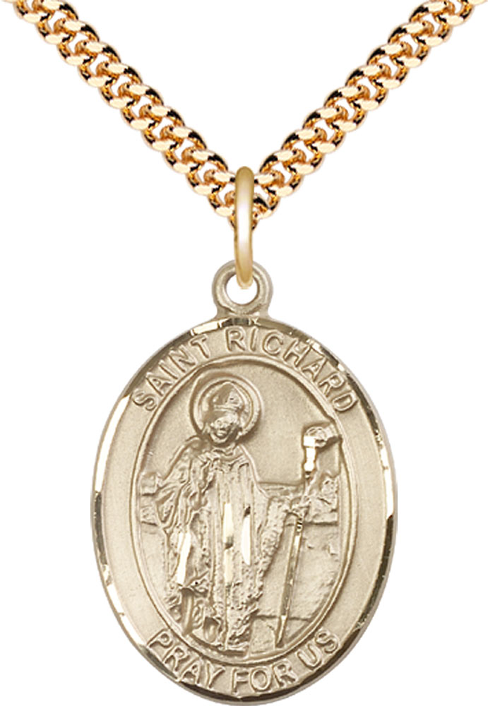 14kt Gold Filled Saint Richard Pendant on a 24 inch Gold Plate Heavy Curb chain