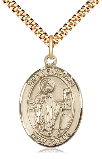 14kt Gold Filled Saint Richard Pendant on a 24 inch Gold Plate Heavy Curb chain