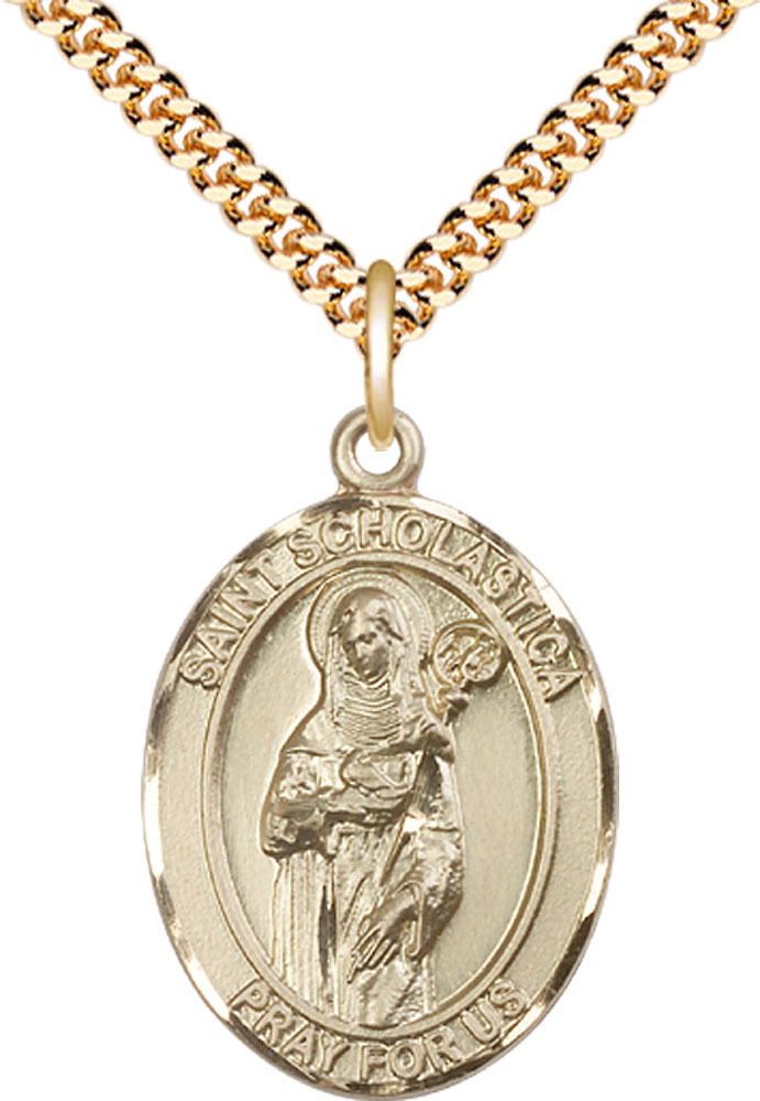 14kt Gold Filled Saint Scholastica Pendant on a 24 inch Gold Plate Heavy Curb chain