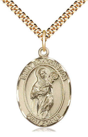 14kt Gold Filled Saint Scholastica Pendant on a 24 inch Gold Plate Heavy Curb chain
