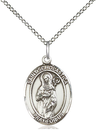 Sterling Silver Saint Scholastica Pendant on a 18 inch Sterling Silver Light Curb chain