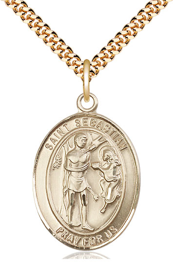 14kt Gold Filled Saint Sebastian Pendant on a 24 inch Gold Plate Heavy Curb chain