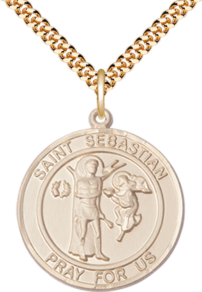 14kt Gold Filled Saint Sebastian Pendant on a 24 inch Gold Plate Heavy Curb chain
