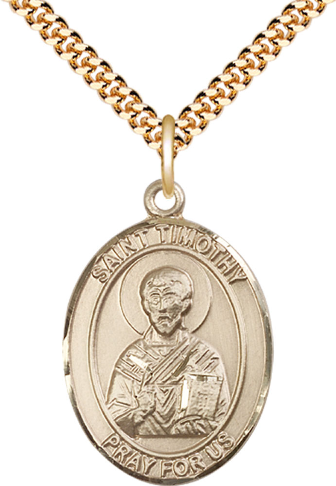 14kt Gold Filled Saint Timothy Pendant on a 24 inch Gold Plate Heavy Curb chain
