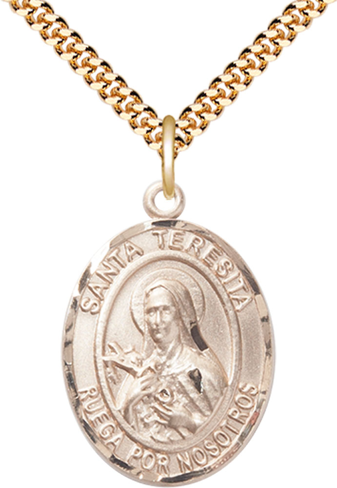 14kt Gold Filled Santa Teresita Pendant on a 24 inch Gold Plate Heavy Curb chain