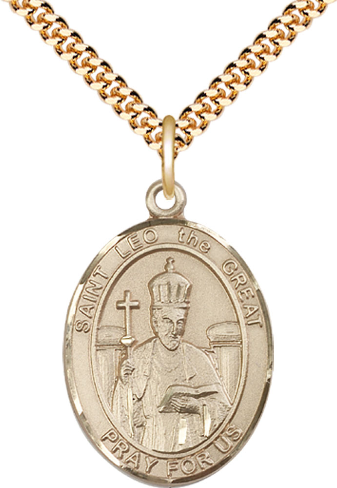 14kt Gold Filled Saint Leo the Great Pendant on a 24 inch Gold Plate Heavy Curb chain