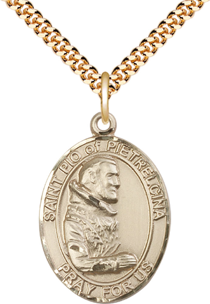 14kt Gold Filled Saint Pio of Pietrelcina Pendant on a 24 inch Gold Plate Heavy Curb chain