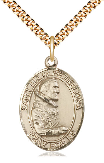 14kt Gold Filled Saint Pio of Pietrelcina Pendant on a 24 inch Gold Plate Heavy Curb chain