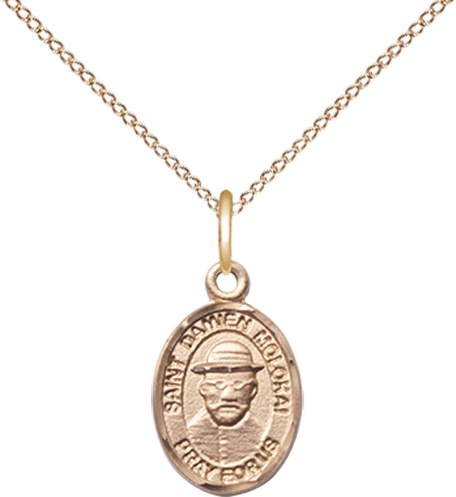 14kt Gold Filled Saint Damien of Molokai Pendant on a 18 inch Gold Filled Light Curb chain