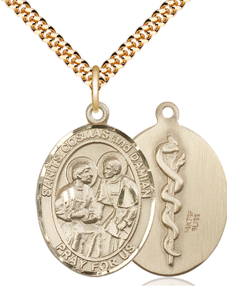 14kt Gold Filled Saints Cosmas &amp; Damian Doctors Pendant on a 24 inch Gold Plate Heavy Curb chain