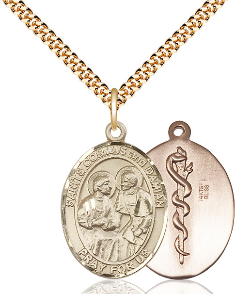 14kt Gold Filled Saints Cosmas &amp; Damian Doctors Pendant on a 24 inch Gold Plate Heavy Curb chain